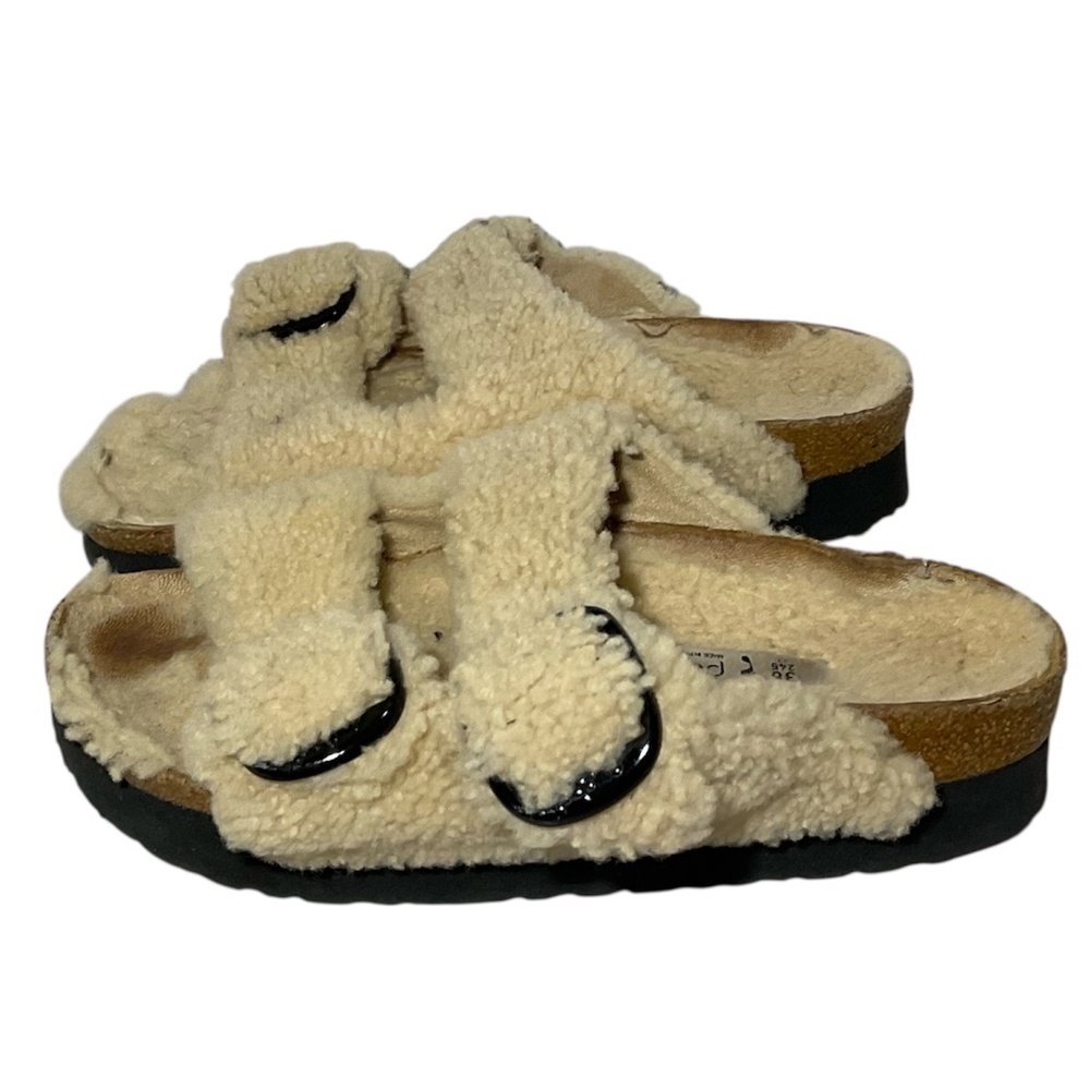 Papillio Arizona Big Buckle Shearling Teddy Eggshell Sandals Size 7